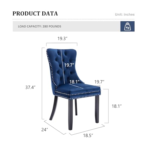 Blue Velvet Dining Chairs Set of 2 – Modern Upholstered Seating for Kitchen, Bedroom & Living Room with Ring Pull Trim and Button Back