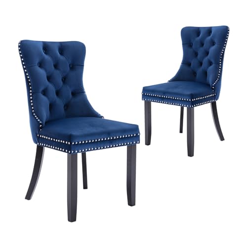 Blue Velvet Dining Chairs Set of 2 – Modern Upholstered Seating for Kitchen, Bedroom & Living Room with Ring Pull Trim and Button Back