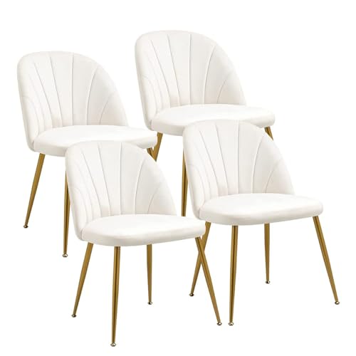Set of 4 Beige Velvet Mid Century Modern Armless Dining Chairs with Gold Metal Legs