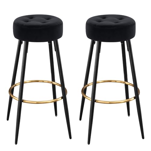 Furniliving Set of 2 Black Velvet Bar Stools with Golden Footrest - 30 for Kitchen Island, Coffee Shop, and Home Balcony