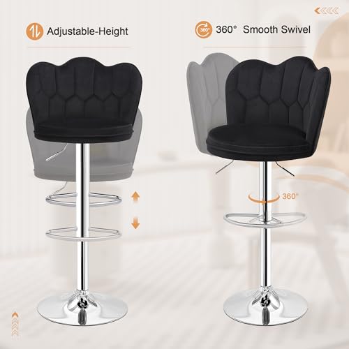 VECELO Set of 2 Adjustable Velvet Bar Stools with Back for Home and Dining Room, Black