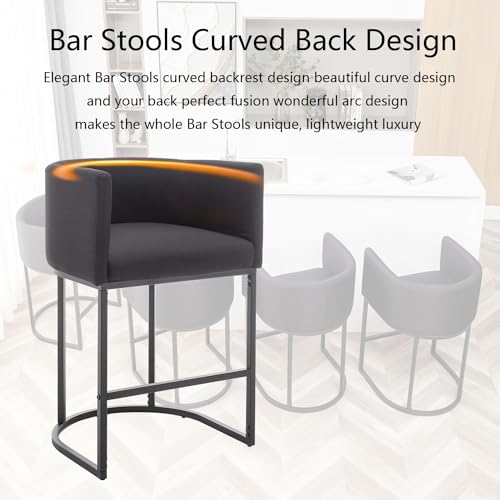 Set of 2 Modern Barrel Counter Height Bar Stools with Back – Black Metal Frames and Upholstered Seats for Kitchen Island, Pub, Club
