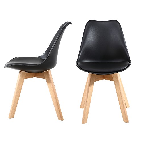 GOTMINSI Set of 2 Modern Dining Chairs - Black Shell Lounge Style with Natural Wood Legs