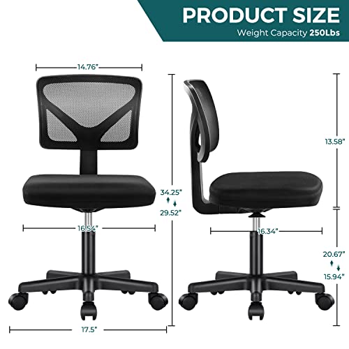 Armless Ergonomic Rolling Desk Chair for Small Spaces - Black Mesh