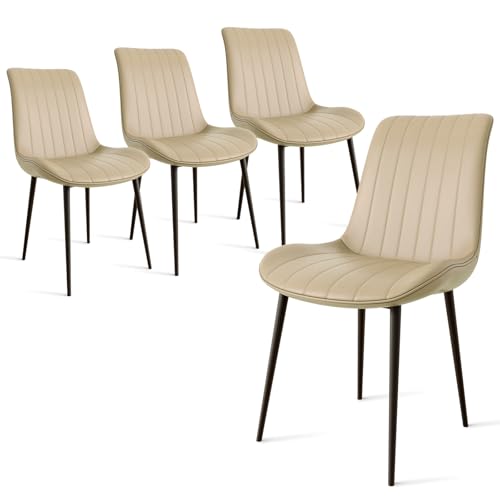 Set of 4 Modern Leather Dining Chairs with Metal Legs (Khaki)
