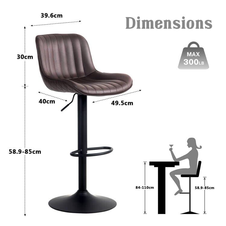 WKGZ INVESTCO Set of 2 Modern Adjustable Swivel Bar Stools with Backs for Kitchen Island - Brown Mid-Century PU Leather