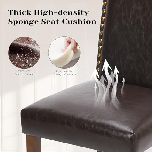 Mid-Century Modern Brown Upholstered Dining Chairs Set of 4 with Nailhead Trim