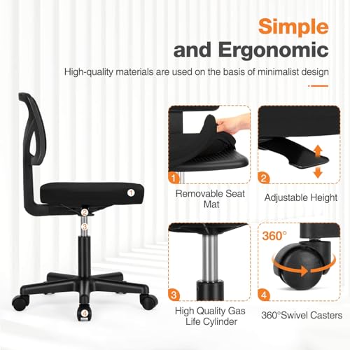 Elevon Armless Ergonomic Desk Chair - Adjustable Rolling Mesh Chair for Small Spaces