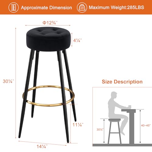 Furniliving Set of 2 Black Velvet Bar Stools with Golden Footrest - 30 for Kitchen Island, Coffee Shop, and Home Balcony