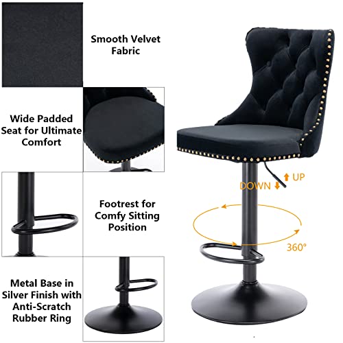 Aoowow Adjustable Velvet Bar Stools Set of 2 with Back for Kitchen Island or Pub (Black)