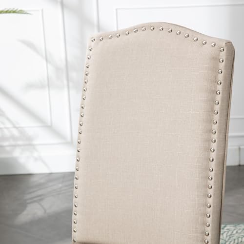 Stylish Beige Upholstered Dining Chairs with Nailhead Trim, Set of 6