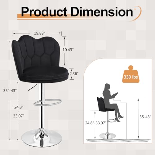 VECELO Set of 2 Adjustable Velvet Bar Stools with Back for Home and Dining Room, Black