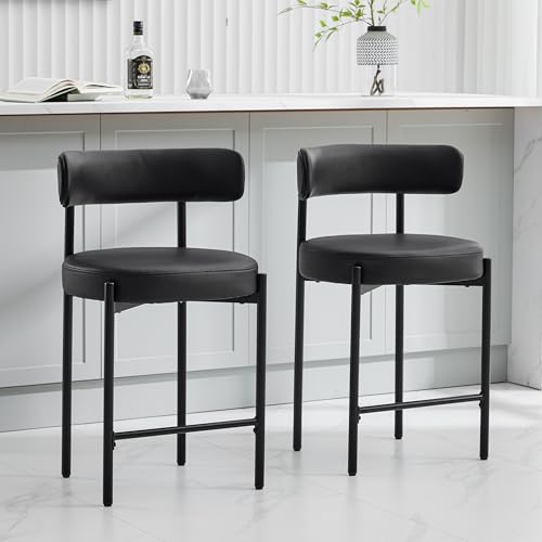 Set of 3 Black Faux Leather Counter Height Bar Stools with Backs for Kitchen Island/Kitchen Counter