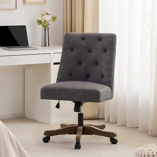 HUIMO Armless Swivel Office Chair with Wooden Legs - Adjustable Height Desk Chair for Home Office (Grey)