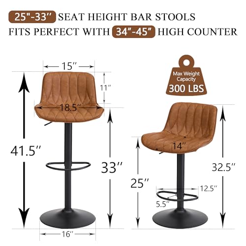 Set of 3 Adjustable Brown Swivel Bar Stools with Back for Kitchen Island