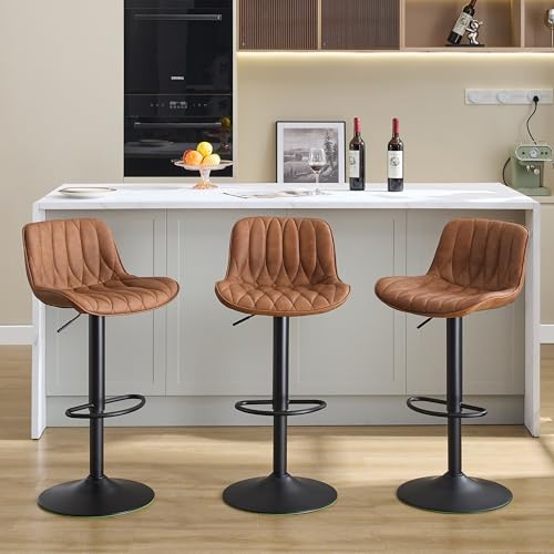 3-Piece Adjustable Brown Swivel Bar Stool Set with Back for Kitchen Island