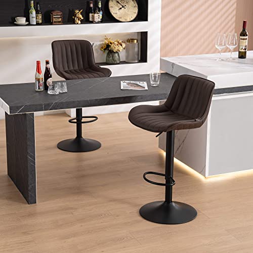 WKGZ INVESTCO Set of 2 Modern Adjustable Swivel Bar Stools with Backs for Kitchen Island - Brown Mid-Century PU Leather