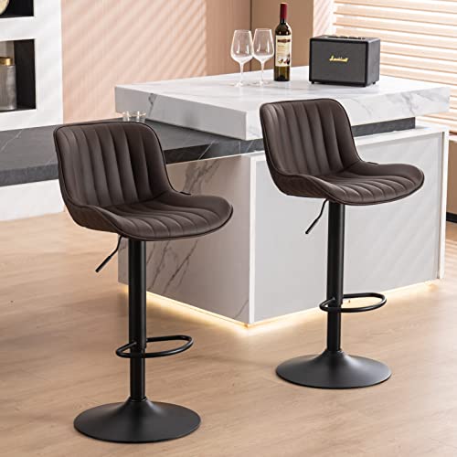 WKGZ INVESTCO Set of 2 Modern Adjustable Swivel Bar Stools with Backs for Kitchen Island - Brown Mid-Century PU Leather