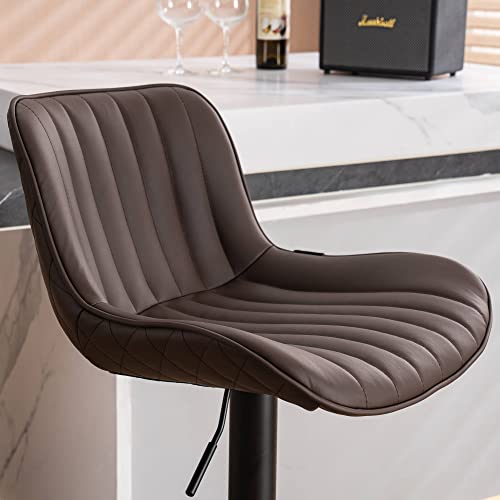 WKGZ INVESTCO Set of 2 Modern Adjustable Swivel Bar Stools with Backs for Kitchen Island - Brown Mid-Century PU Leather