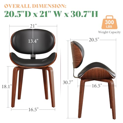 Mid-Century Modern Faux Leather Dining Chairs Set of 4 with Walnut Back and Adjustable Legs - Black