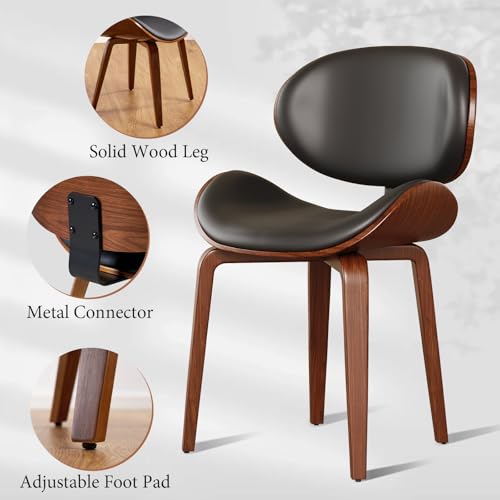 Mid-Century Modern Walnut Back Faux Leather Dining Chair Set - Black