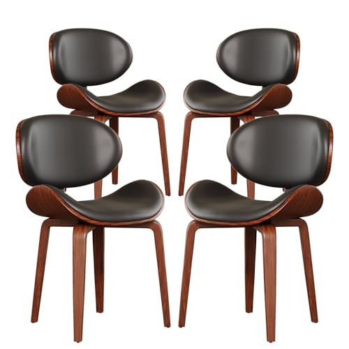 Mid-Century Modern Walnut Back Faux Leather Dining Chair Set - Black