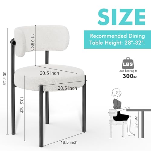 Set of 4 White Mid-Century Modern Boucle Dining Chairs with Curved Backrest and Metal Legs