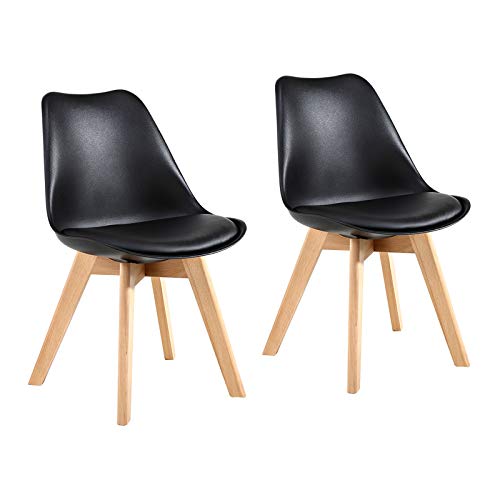 GOTMINSI Set of 2 Modern Dining Chairs - Black Shell Lounge Style with Natural Wood Legs