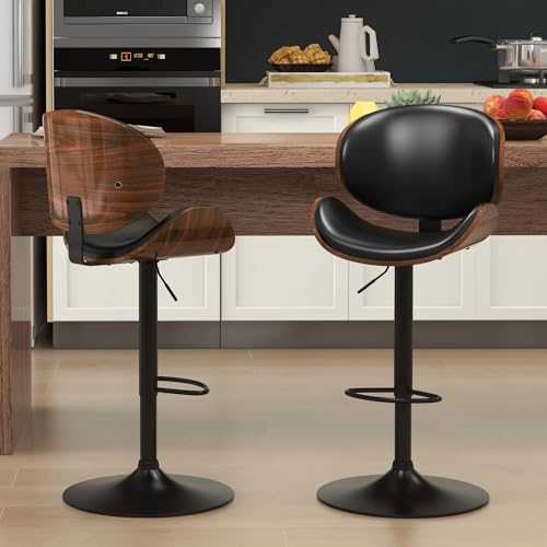 KCC Set of 2 Adjustable Swivel Bar Stools with PU Leather and Footrest - Black