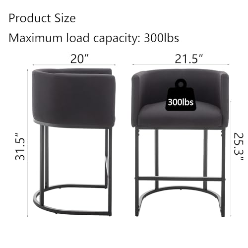 Set of 2 Modern Barrel Counter Height Bar Stools with Back – Black Metal Frames and Upholstered Seats for Kitchen Island, Pub, Club
