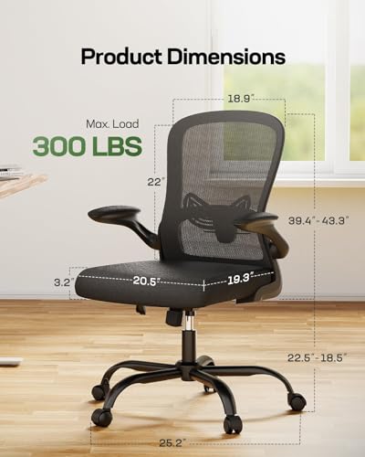 Ergonomic Marsail Office Chair: Mesh Back Desk Chair with Adjustable Lumbar Support and Flip-up Armrests (Bright Black)