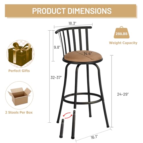 Adjustable Bar Stool Set of 2 with Backs and Footrest, Swivel Armless Design for Kitchen Island, 24/29 Inch, Brown