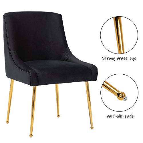 Black Upholstered Dining Chairs Set of 2 with Gold Legs - Modern Velvet Accent Chairs for Living Room/Kitchen
