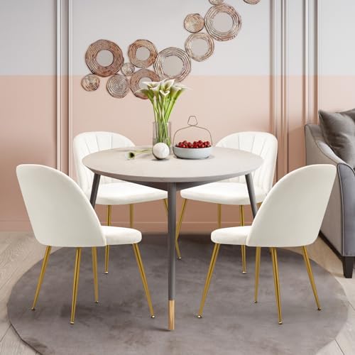 Set of 4 Beige Velvet Mid Century Modern Armless Dining Chairs with Gold Metal Legs