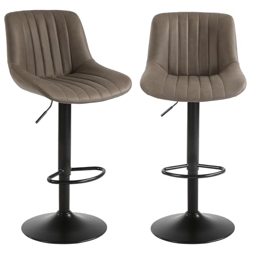 Set of 2 Adjustable Swivel Bar Stools with Back, Brown Faux Leather