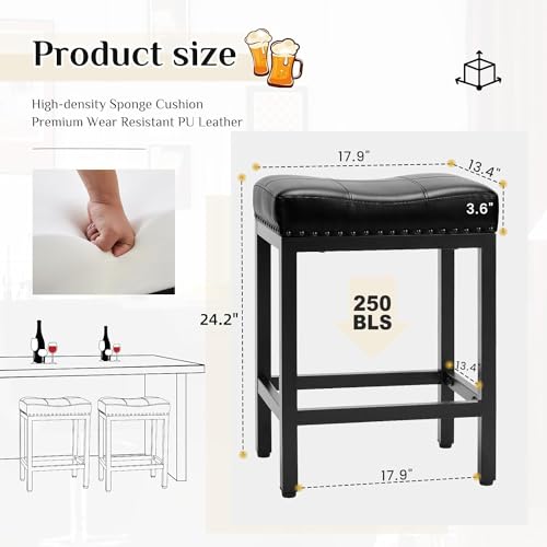 Set of 2 24 inch Upholstered Modern Kitchen Barstools with Metal Base for Kitchen Island in Black