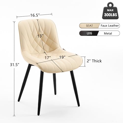 Set of 2 Mid Century Modern Beige Dining Chairs - Comfortable Upholstered Faux Leather for Kitchen and Dining Room