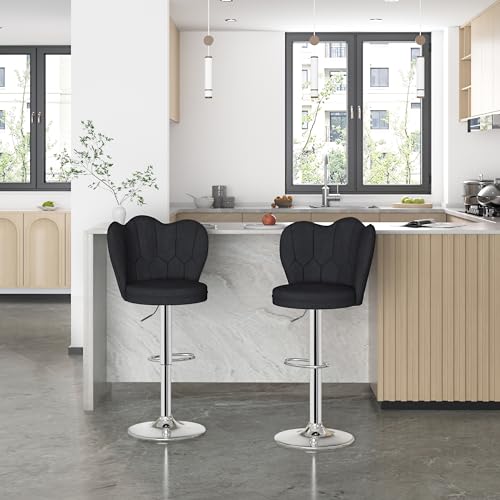 VECELO Set of 2 Adjustable Velvet Bar Stools with Back for Home and Dining Room, Black
