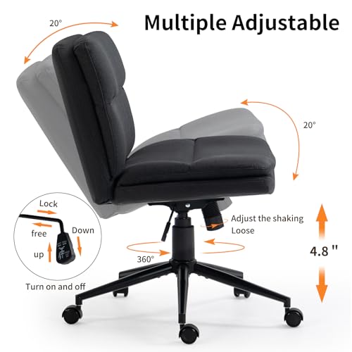 Armless Adjustable Office Chair with Wheels and Swivel, Black Fabric