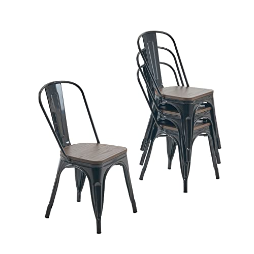 Nazhura 18-Inch Metal Dining Chair Set of 4 - Farmhouse Tolix Style, Waterproof, Stackable for Indoor/Outdoor Use (Black with Wood Padding)