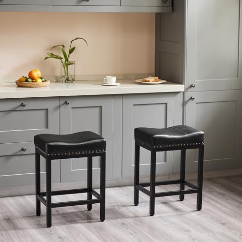 Set of 2 24 inch Upholstered Modern Kitchen Barstools with Metal Base for Kitchen Island in Black