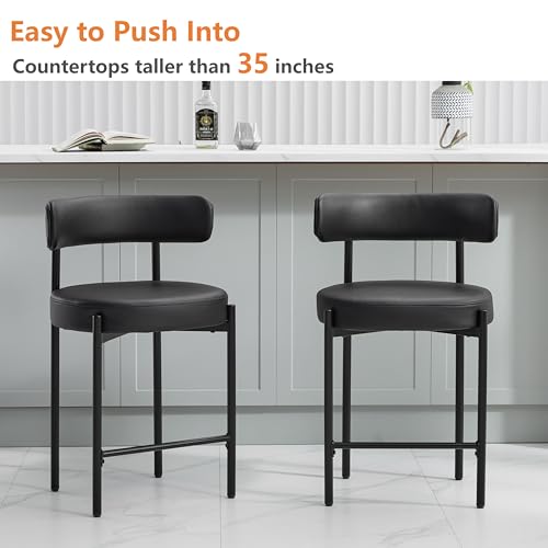 Set of 3 Black Faux Leather Counter Height Bar Stools with Backs for Kitchen Island/Kitchen Counter