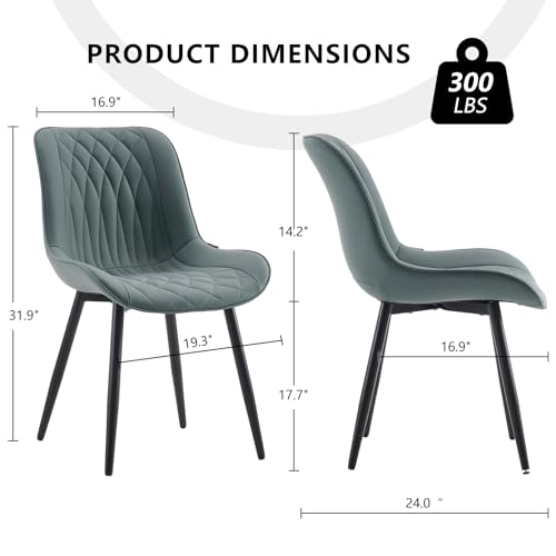 YOUNIKE Set of 2 High Back Mid Century Modern Dining Chairs - Greyish Green PU Faux Leather with Metal Legs