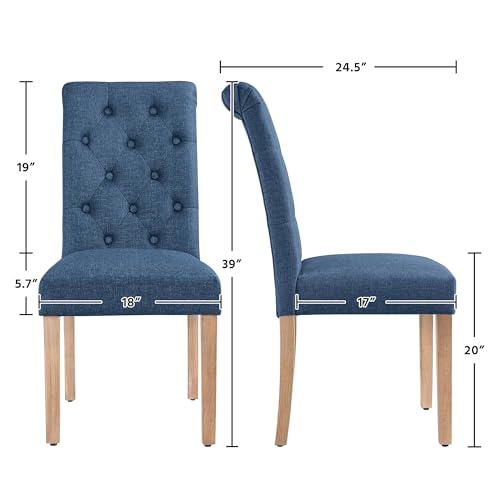 Set of 2 Blue Upholstered Dining Chairs for Dining Room and Kitchen