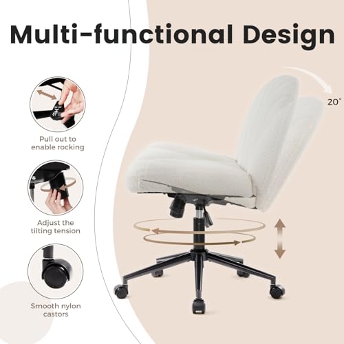 Ergonomic Armless Desk Chair with Wheels, Height Adjustable Fabric Padded Seat for Home and Bedroom (White)