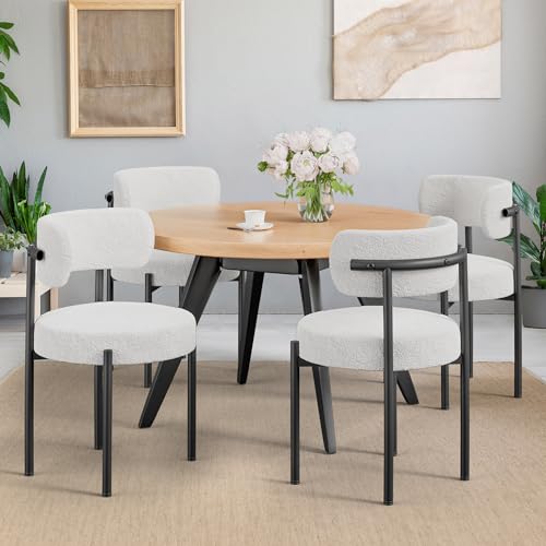 Set of 4 White Mid-Century Modern Boucle Dining Chairs with Curved Backrest and Metal Legs