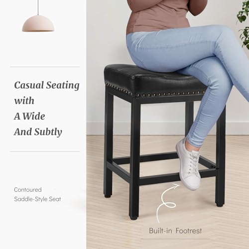 Set of 2 24 inch Upholstered Modern Kitchen Barstools with Metal Base for Kitchen Island in Black