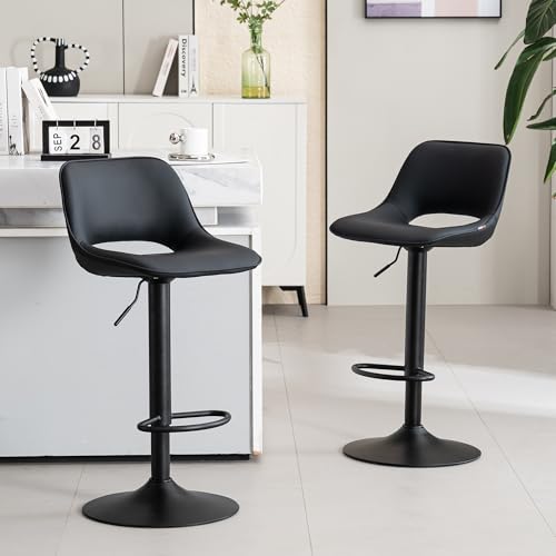 YOUNIKE Black Modern Swivel Bar Stools - Faux Leather Kitchen Island Seats