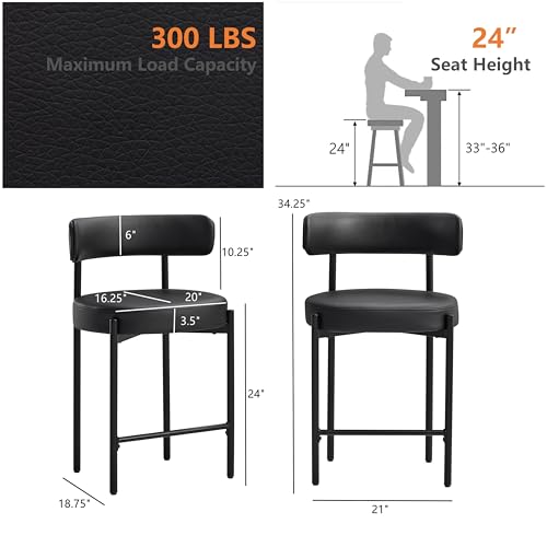 Set of 3 Black Faux Leather Counter Height Bar Stools with Backs for Kitchen Island/Kitchen Counter