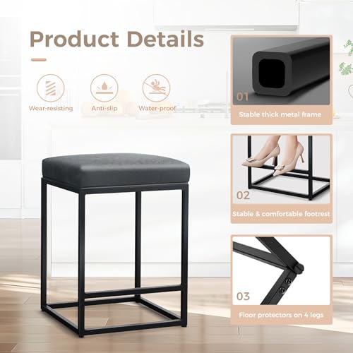 MAISON ARTS Set of 4 Black 24 Backless Bar Stools for Kitchen Island - Modern Upholstered Faux Leather
